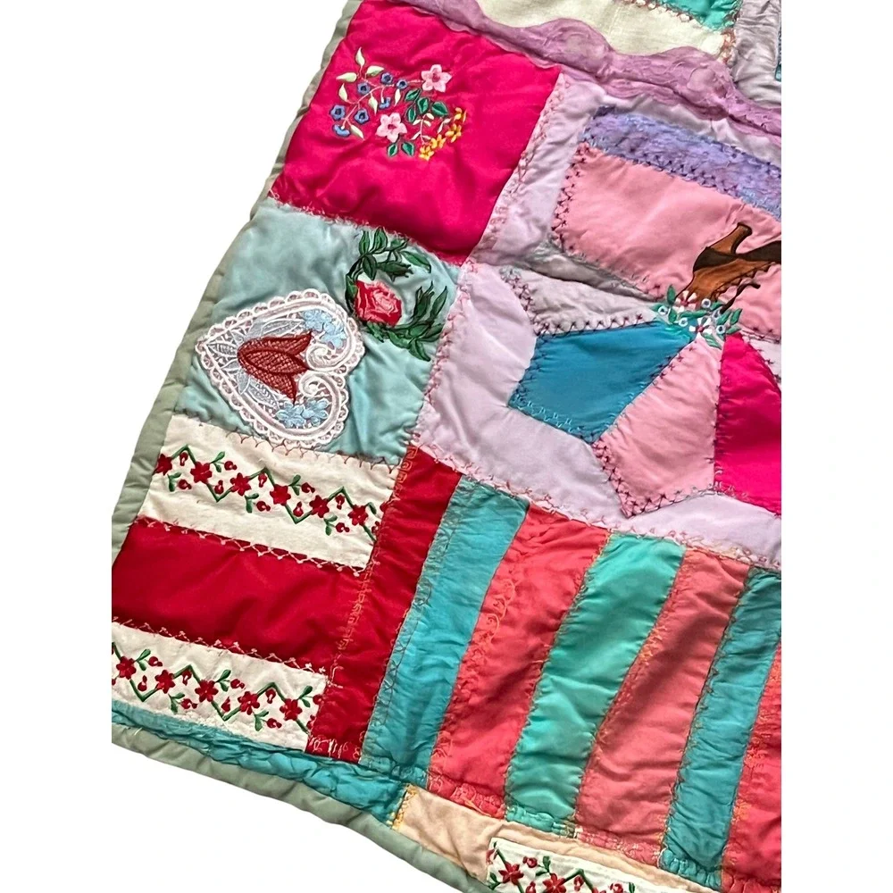 Vintage Handmade Crazy Quilt Embroidered Patchwork Quilt Cottagecore 46x55